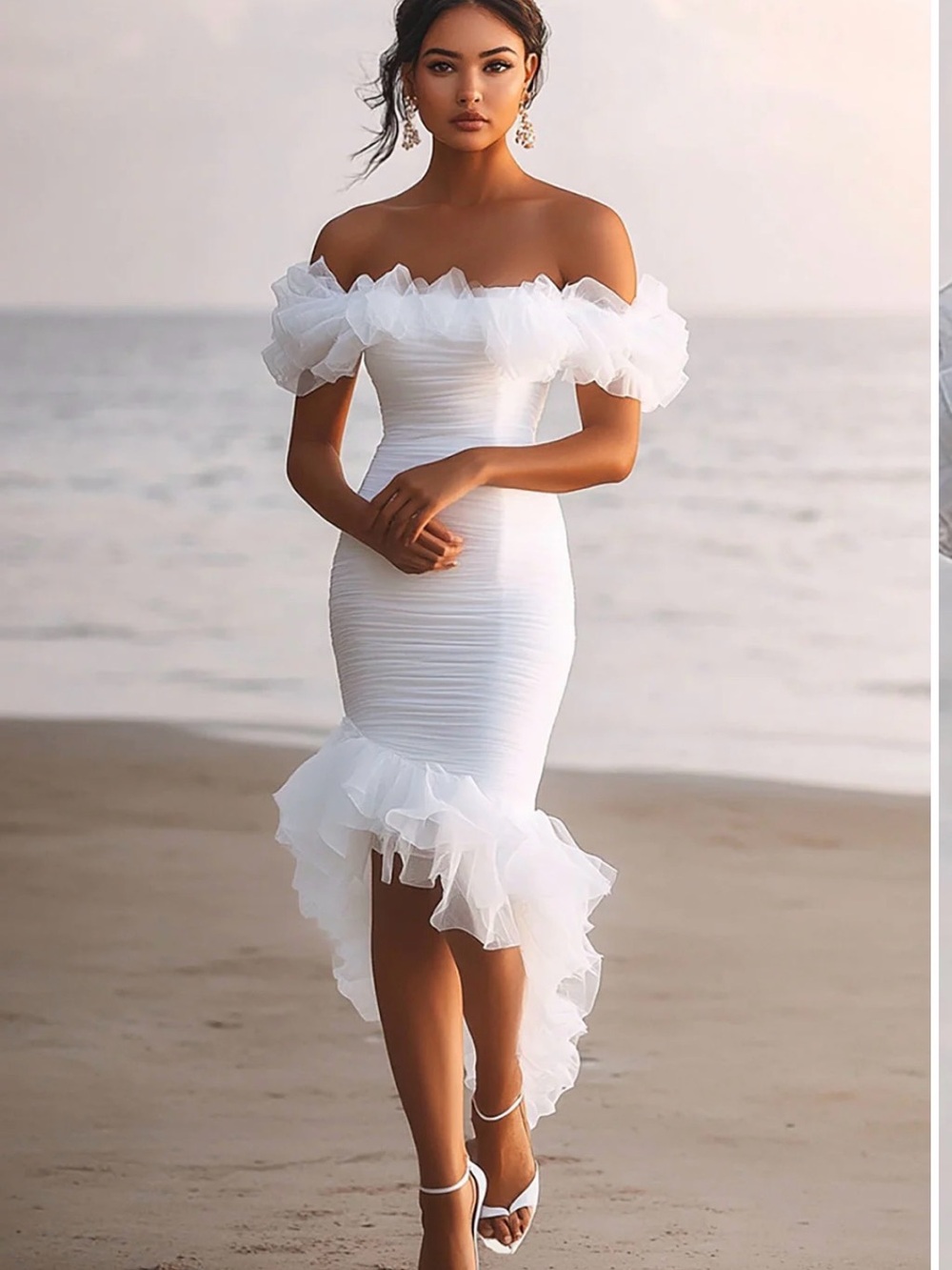 One-Shoulder White Ruffle High-Low Bodycon Dress